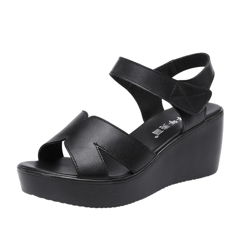 Women’s Plus Size Soft Leather Wedge Sandals (33–43) – Mid Heel Platform Ankle Strap Summer Shoes for Office, Casual & Beach Wear