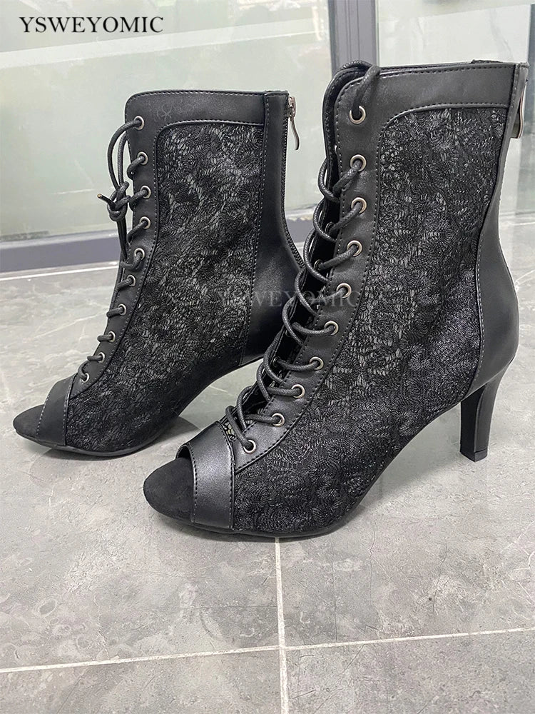 YSWEYOMIC Summer Autumn Style Mesh Hollow Jazz Booties Dance High Heels 7cm 9c 11cm Latin Salsa Dance Sandals With Large Size