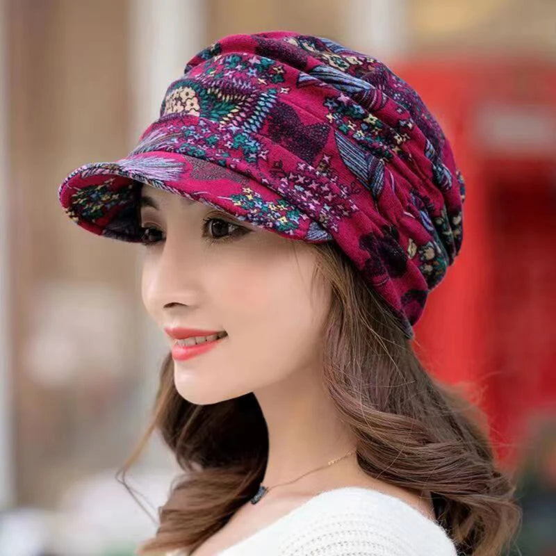 Women Autumn Winter Peaked Cap with Earflap – Warm Foldable Floral Print Casual Hat