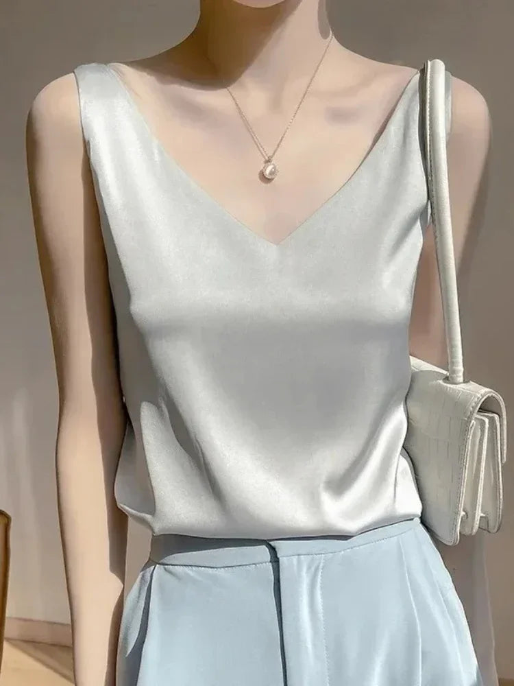 Women’s V-Neck Silk Satin Sleeveless Blouse – Elegant Office Tank Top, Lightweight Summer Camisole