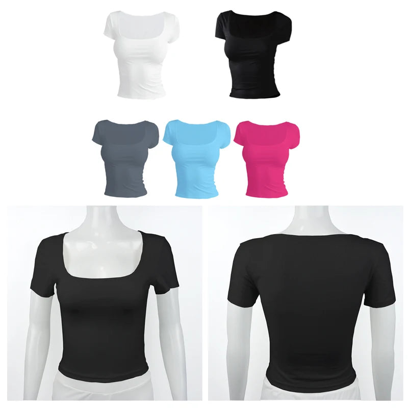 Women’s Summer Slim Fit Square Neck Short Sleeve T-Shirt – Solid Color Y2K Streetwear Sexy Stretch Knit Top