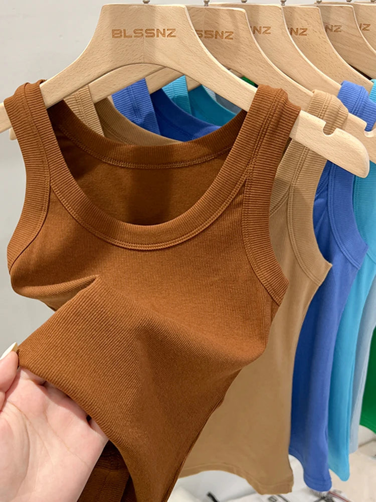 Women Solid Ribbed Tank Top Camisole – Elastic Cotton O-Neck Summer Basic Crop Top 2026