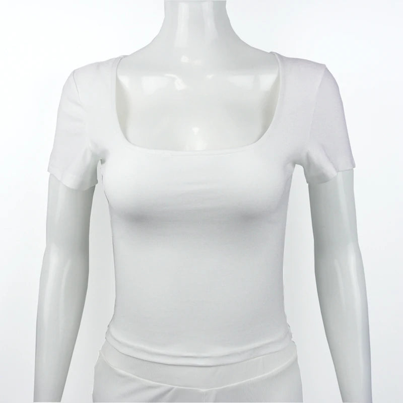 Women’s Summer Slim Fit Square Neck Short Sleeve T-Shirt – Solid Color Y2K Streetwear Sexy Stretch Knit Top