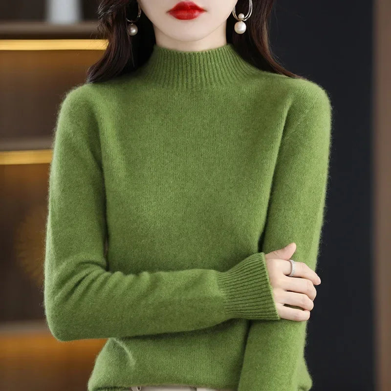 Women’s Autumn Winter Knit Sweater – Korean Fashion Slim Fit Half High Collar Long Sleeve Pullover