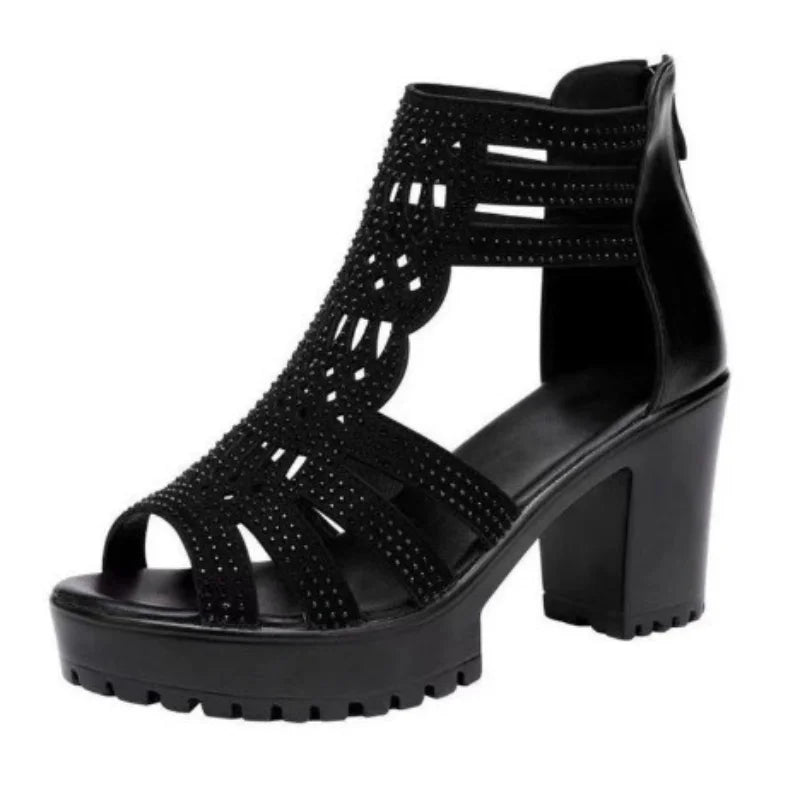 Women’s Open Toe Wedge Sandals – Anti-Slip Hollow Out Casual Shoes with Low Square Heel & Zip Closure