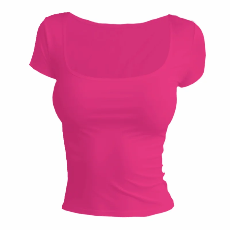 Women’s Summer Slim Fit Square Neck Short Sleeve T-Shirt – Solid Color Y2K Streetwear Sexy Stretch Knit Top