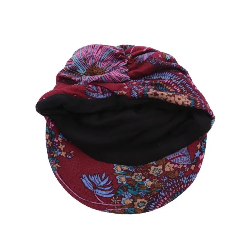 Women Autumn Winter Peaked Cap with Earflap – Warm Foldable Floral Print Casual Hat