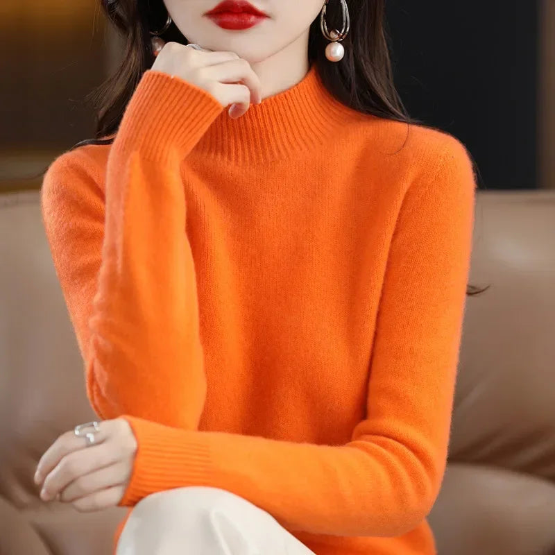 Women’s Autumn Winter Knit Sweater – Korean Fashion Slim Fit Half High Collar Long Sleeve Pullover