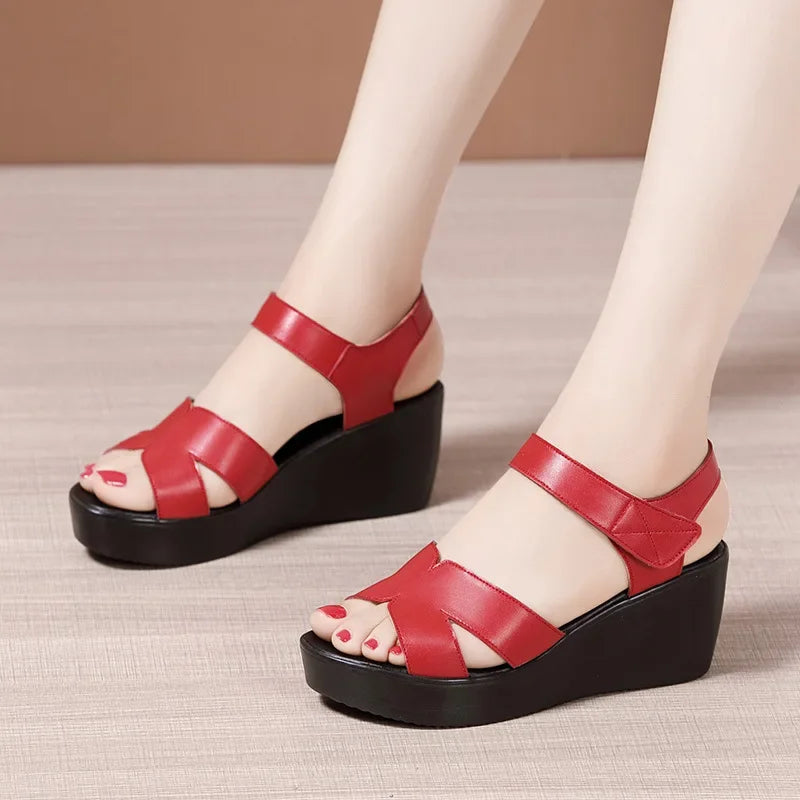 Women’s Plus Size Soft Leather Wedge Sandals (33–43) – Mid Heel Platform Ankle Strap Summer Shoes for Office, Casual & Beach Wear