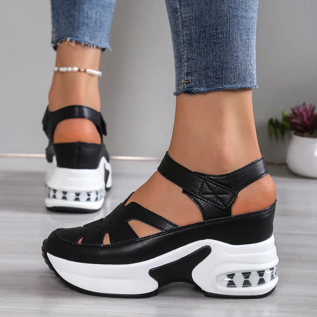 Women Closed Toe Summer Sandals – Plus Size Casual Slip-On Hollow Out PU Platform Comfort Shoes