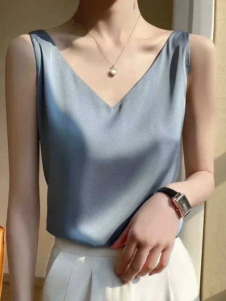 Women’s V-Neck Silk Satin Sleeveless Blouse – Elegant Office Tank Top, Lightweight Summer Camisole