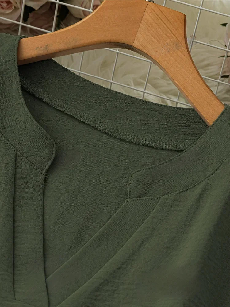 Women’s Plus Size Casual Loose Long Sleeve V-Neck Stand Collar Top – Polyester Blend Spring/Summer Shirt