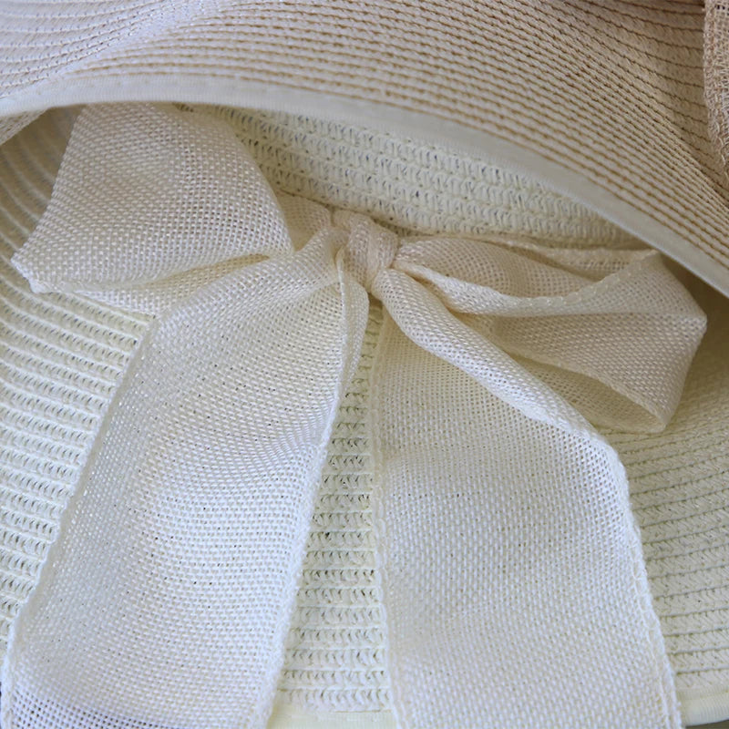 Women’s Wide Brim Straw Sun Hat – Foldable Beach Panama Hat with Bowknot, UV Protection Casual Summer Outdoor Cap