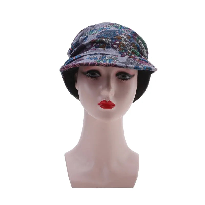 Women Autumn Winter Peaked Cap with Earflap – Warm Foldable Floral Print Casual Hat
