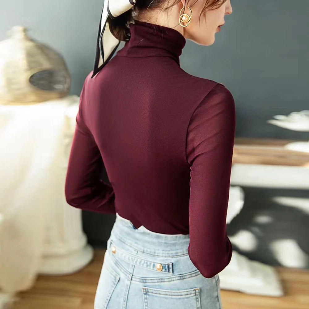 Women’s Sheer Mesh Turtleneck Top – Long Sleeve Slim Fit Stretch Tee (S–4XL)