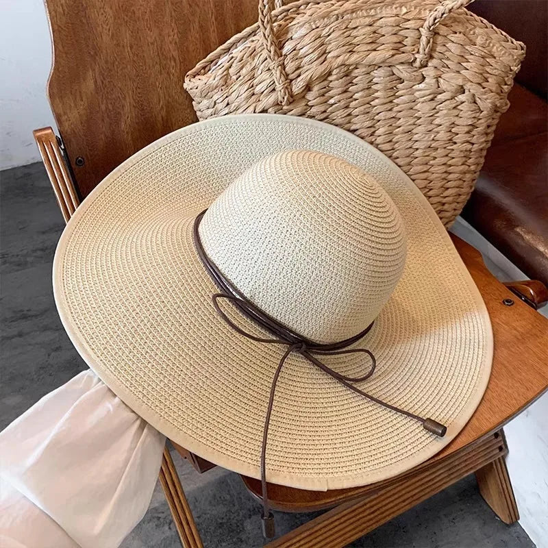 Women’s Straw Sun Hat – Wide Brim UV Protection Panama Hat with Bow & Belt Strap for Beach, Travel & Summer Outdoor Wear