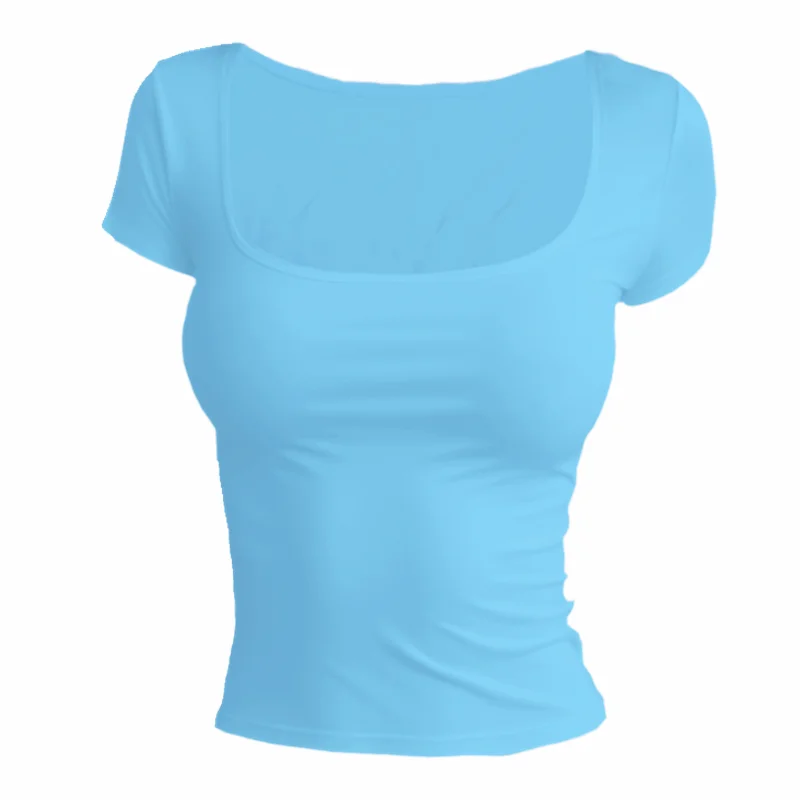 Women’s Summer Slim Fit Square Neck Short Sleeve T-Shirt – Solid Color Y2K Streetwear Sexy Stretch Knit Top
