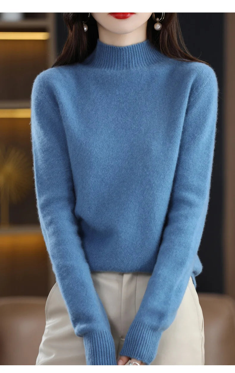 Women’s Autumn Winter Knit Sweater – Korean Fashion Slim Fit Half High Collar Long Sleeve Pullover