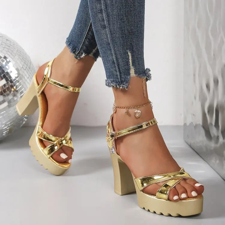 Women’s Gold & Silver Platform Chunky Heel Sandals – Mirror PU Ankle Strap Gladiator Formal Party Shoes