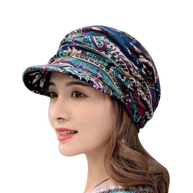 Women Autumn Winter Peaked Cap with Earflap – Warm Foldable Floral Print Casual Hat