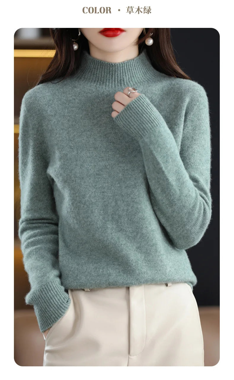 Women’s Autumn Winter Knit Sweater – Korean Fashion Slim Fit Half High Collar Long Sleeve Pullover