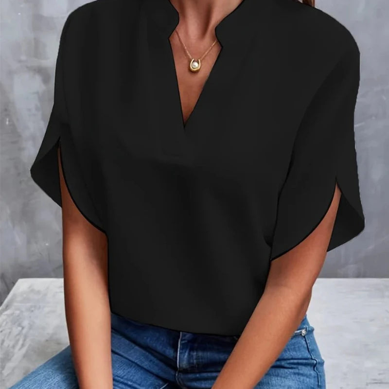 Women’s Summer Solid Color Casual Pullover Shirt – Short Sleeve Loose Fit V-Neck Lightweight Chiffon Blouse Top