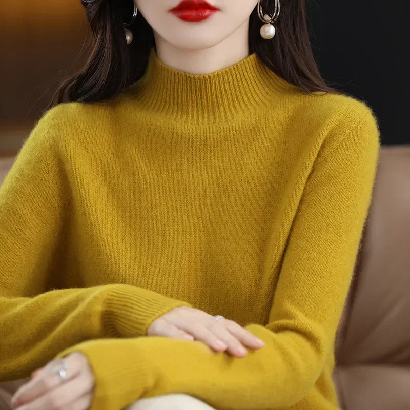 Women’s Autumn Winter Knit Sweater – Korean Fashion Slim Fit Half High Collar Long Sleeve Pullover