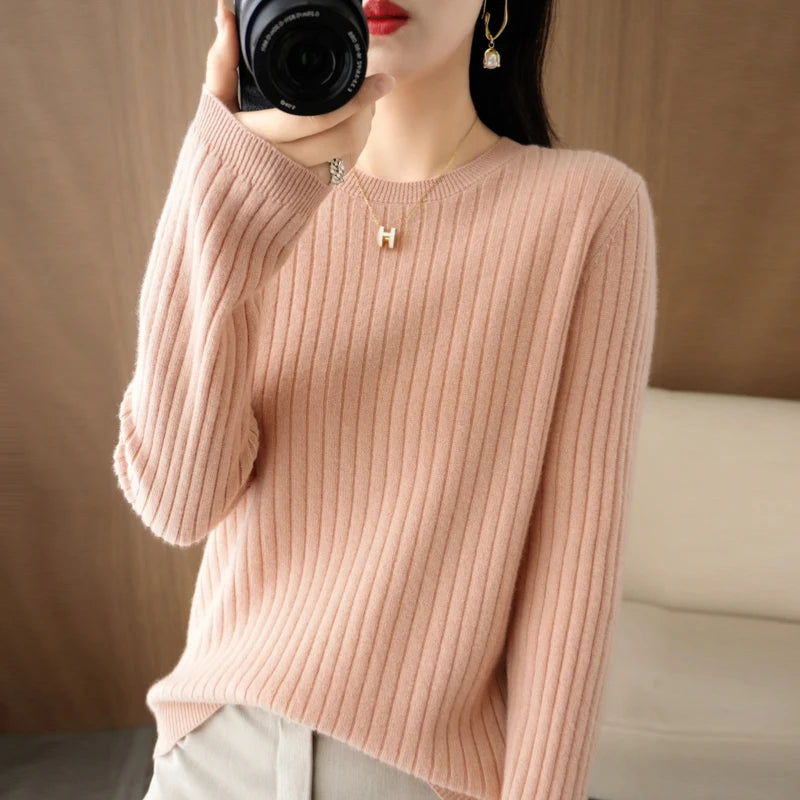 Women’s Autumn Winter O-Neck Striped Knit Sweater – Loose Fit Long Sleeve Pullover Casual Korean Style Jumper