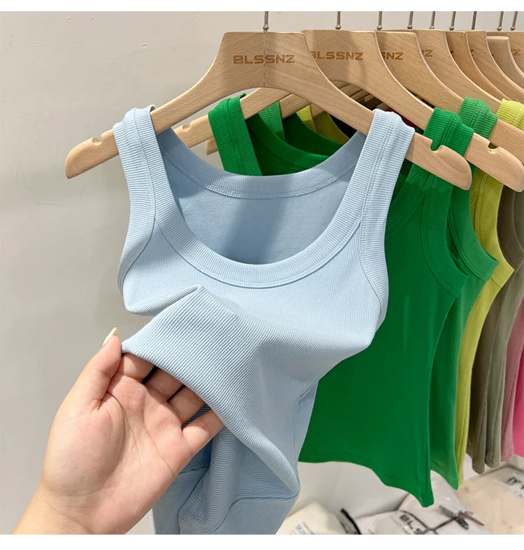 Women Solid Ribbed Tank Top Camisole – Elastic Cotton O-Neck Summer Basic Crop Top 2026