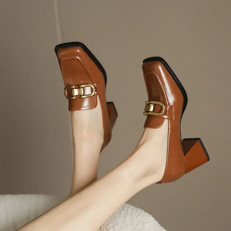 Women’s Square Toe High Heel Loafers – Slip-On PU Pumps with Square Heel (5–8 cm) Casual Elegant Shoes