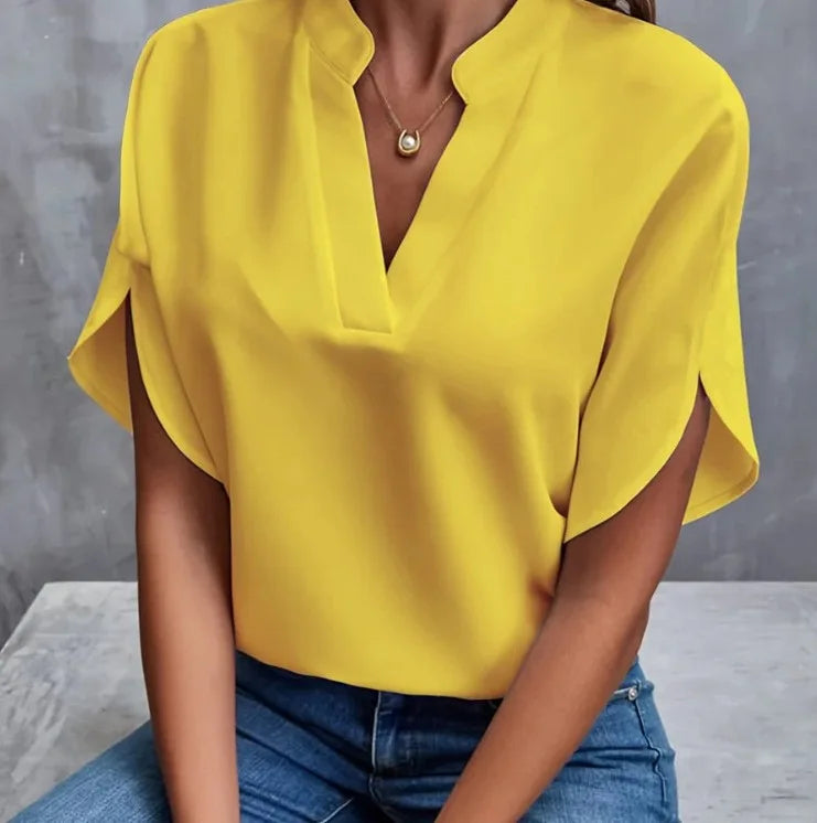 Women’s Summer Solid Color Casual Pullover Shirt – Short Sleeve Loose Fit V-Neck Lightweight Chiffon Blouse Top