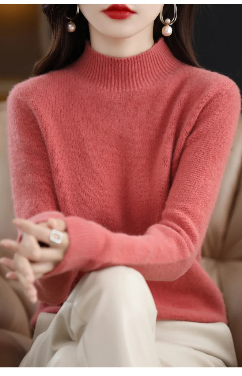 Women’s Autumn Winter Knit Sweater – Korean Fashion Slim Fit Half High Collar Long Sleeve Pullover