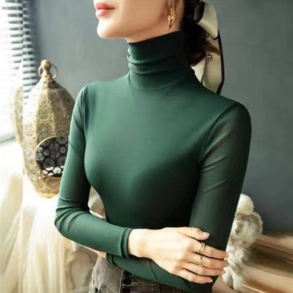 Women’s Sheer Mesh Turtleneck Top – Long Sleeve Slim Fit Stretch Tee (S–4XL)
