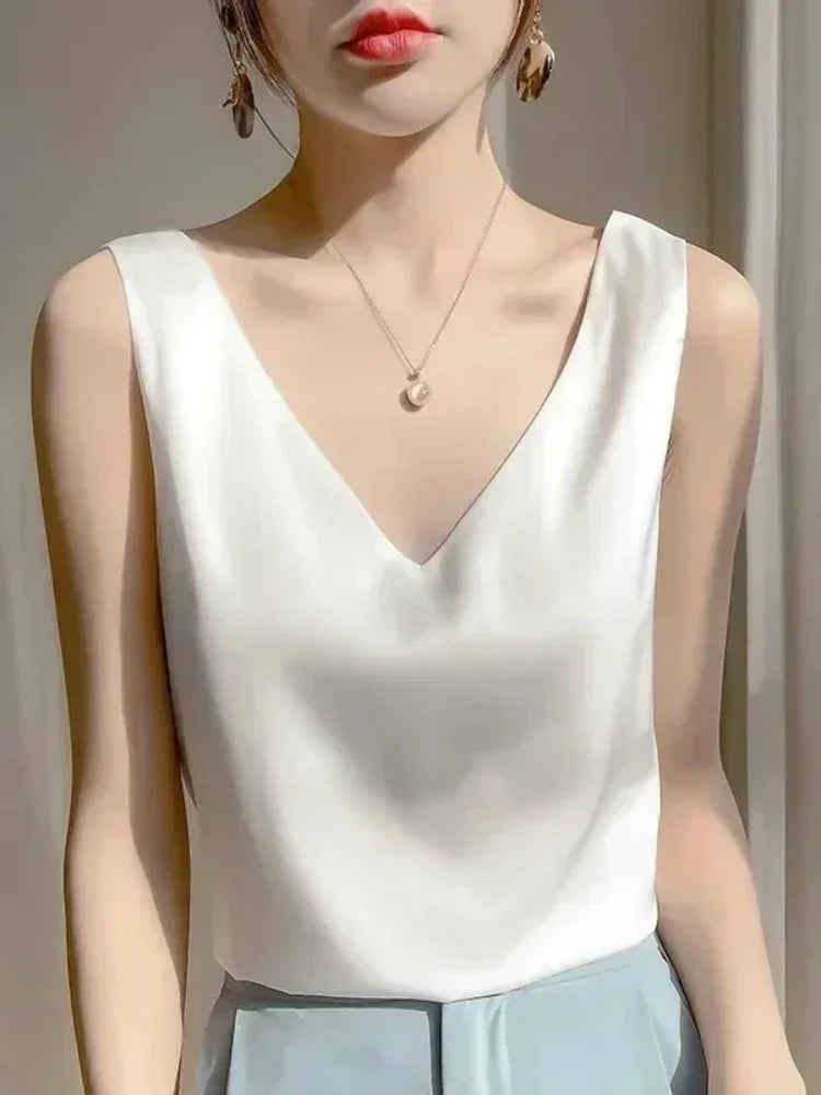 Women’s V-Neck Silk Satin Sleeveless Blouse – Elegant Office Tank Top, Lightweight Summer Camisole