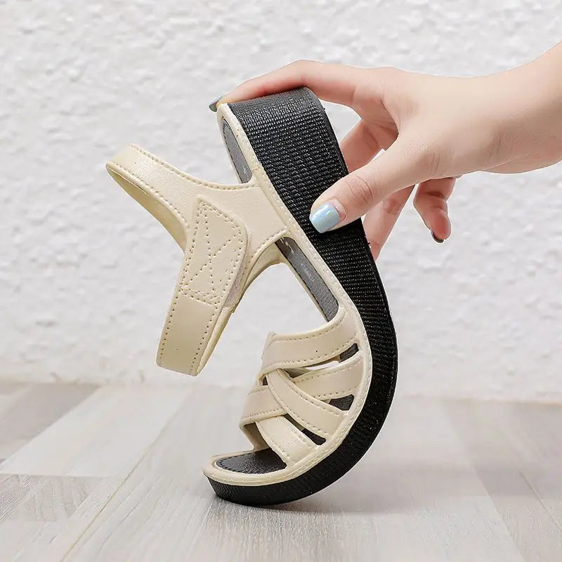 Women’s Non-Slip Wedge Mother Sandals – 4cm Soft Soled Hook & Loop Cross-Strap Casual Summer Comfort Shoes