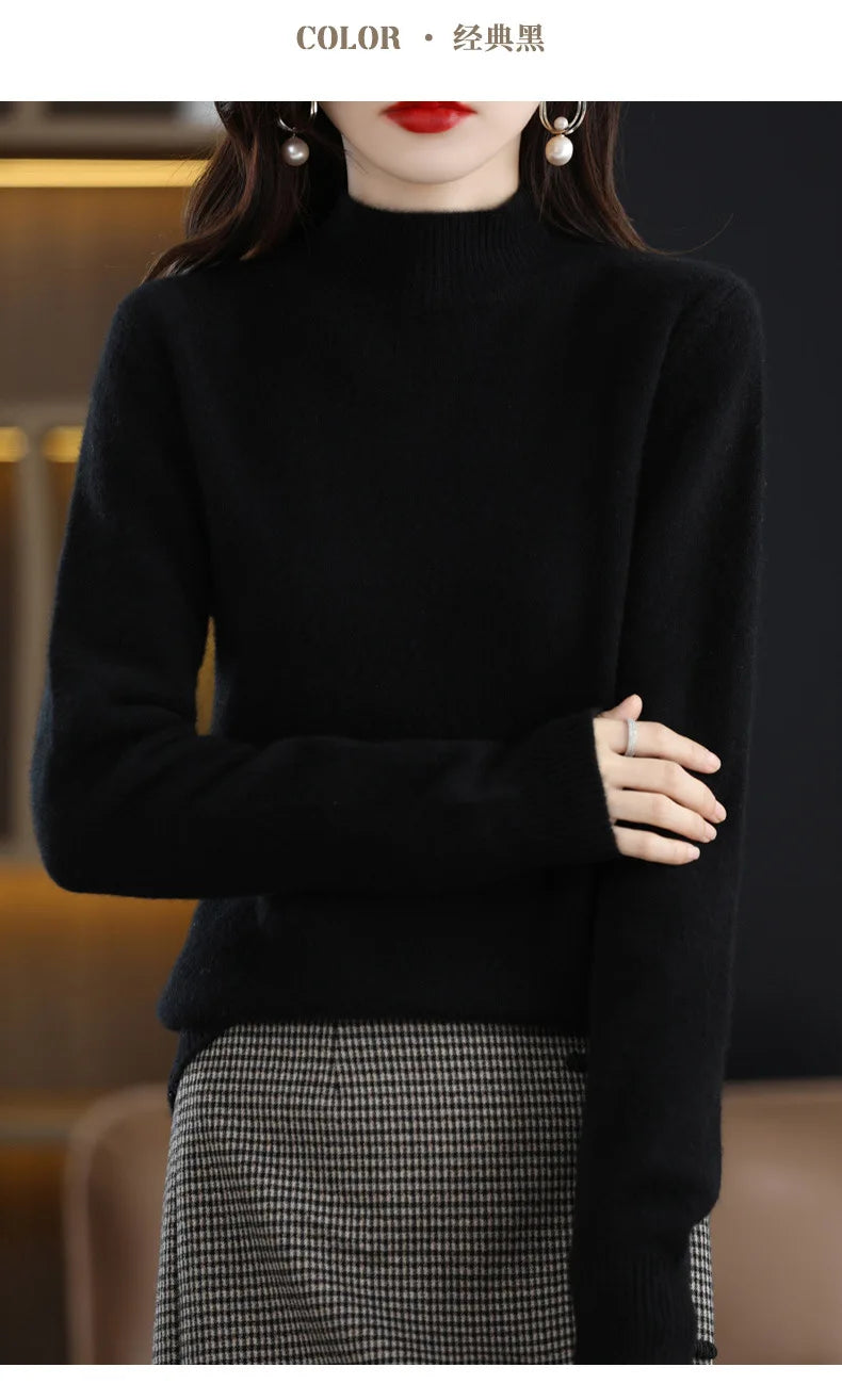 Women’s Autumn Winter Knit Sweater – Korean Fashion Slim Fit Half High Collar Long Sleeve Pullover