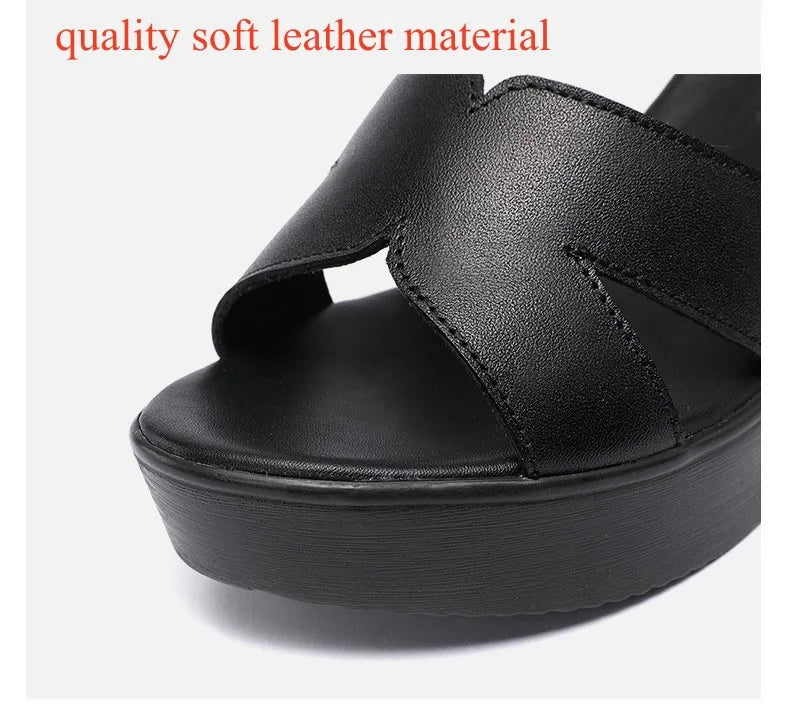 Women’s Plus Size Soft Leather Wedge Sandals (33–43) – Mid Heel Platform Ankle Strap Summer Shoes for Office, Casual & Beach Wear