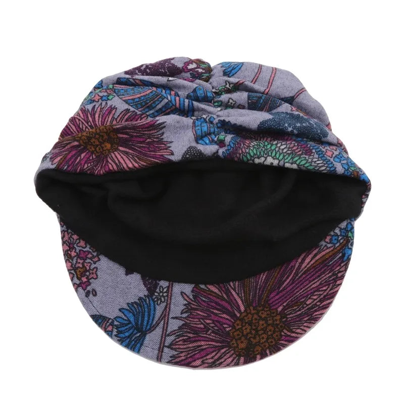 Women Autumn Winter Peaked Cap with Earflap – Warm Foldable Floral Print Casual Hat