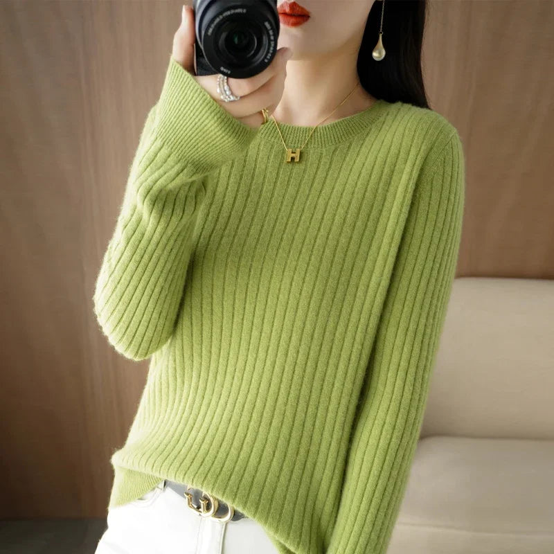 Women’s Autumn Winter O-Neck Striped Knit Sweater – Loose Fit Long Sleeve Pullover Casual Korean Style Jumper