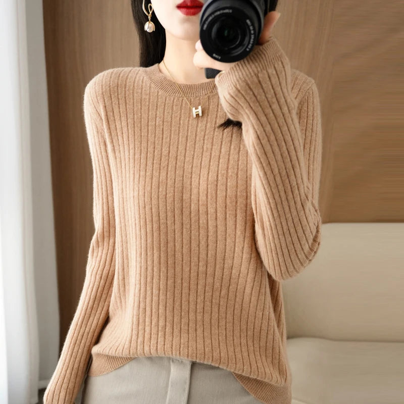Women’s Autumn Winter O-Neck Striped Knit Sweater – Loose Fit Long Sleeve Pullover Casual Korean Style Jumper