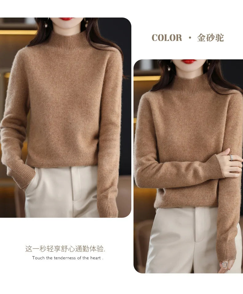 Women’s Autumn Winter Knit Sweater – Korean Fashion Slim Fit Half High Collar Long Sleeve Pullover