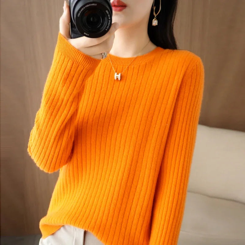 Women’s Autumn Winter O-Neck Striped Knit Sweater – Loose Fit Long Sleeve Pullover Casual Korean Style Jumper
