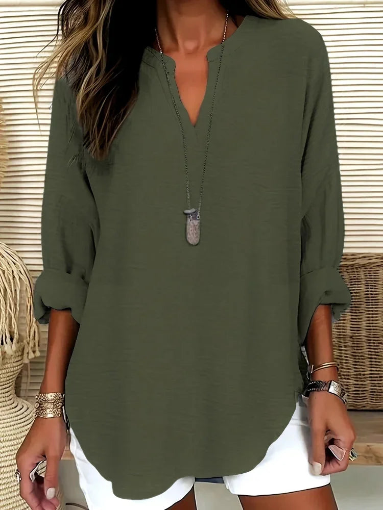 Women’s Plus Size Casual Loose Long Sleeve V-Neck Stand Collar Top – Polyester Blend Spring/Summer Shirt