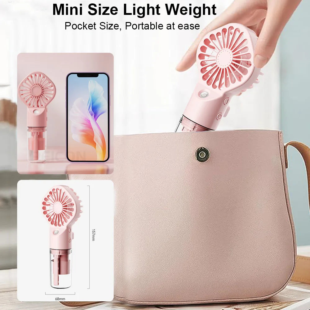 Portable Mini Handheld Mist Fan – USB Rechargeable 4-Speed Cooling & Humidifier Fan for Travel, Office & Outdoor Use