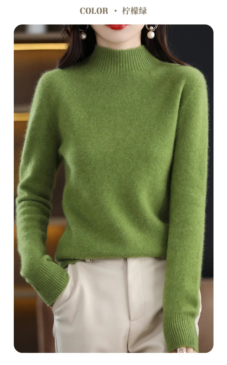 Women’s Autumn Winter Knit Sweater – Korean Fashion Slim Fit Half High Collar Long Sleeve Pullover