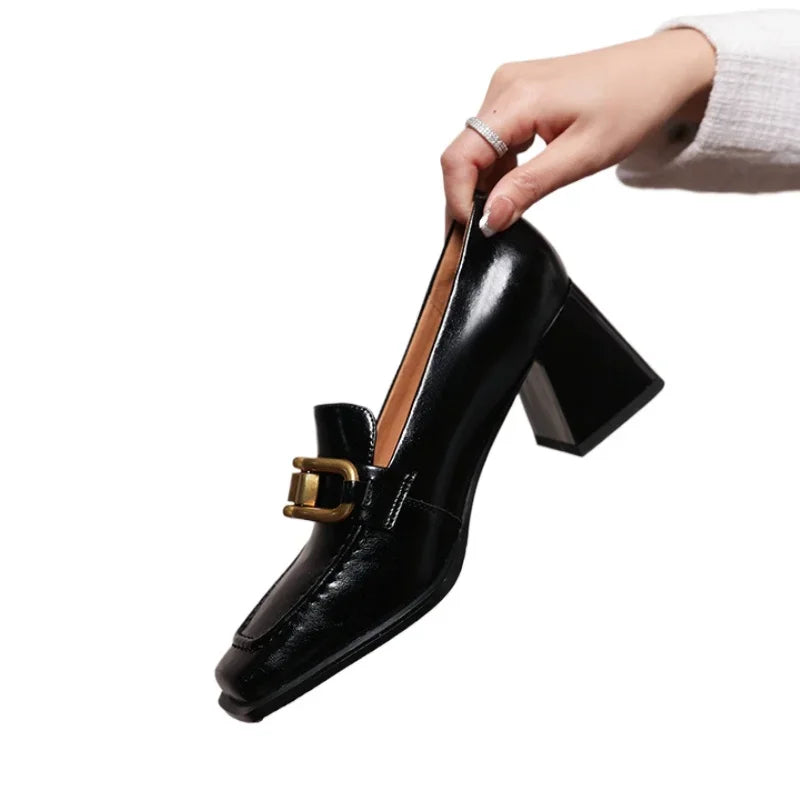 Women’s Square Toe High Heel Loafers – Slip-On PU Pumps with Square Heel (5–8 cm) Casual Elegant Shoes