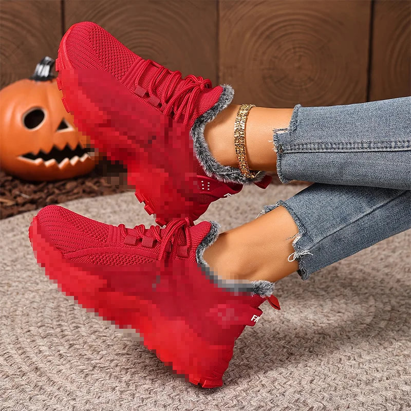Women’s Winter Sports Shoes – Non-Slip Lace-Up Breathable Mesh Dad Sneakers with Plush Shearling Lining
