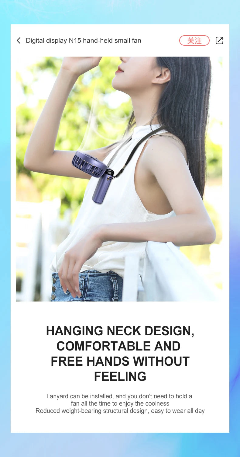 USB Rechargeable Foldable Neck Fan – Portable Handheld Mini Fan with 5-Speed Cooling, Digital Display & Phone Stand, Travel-Friendly Hands-Free Design