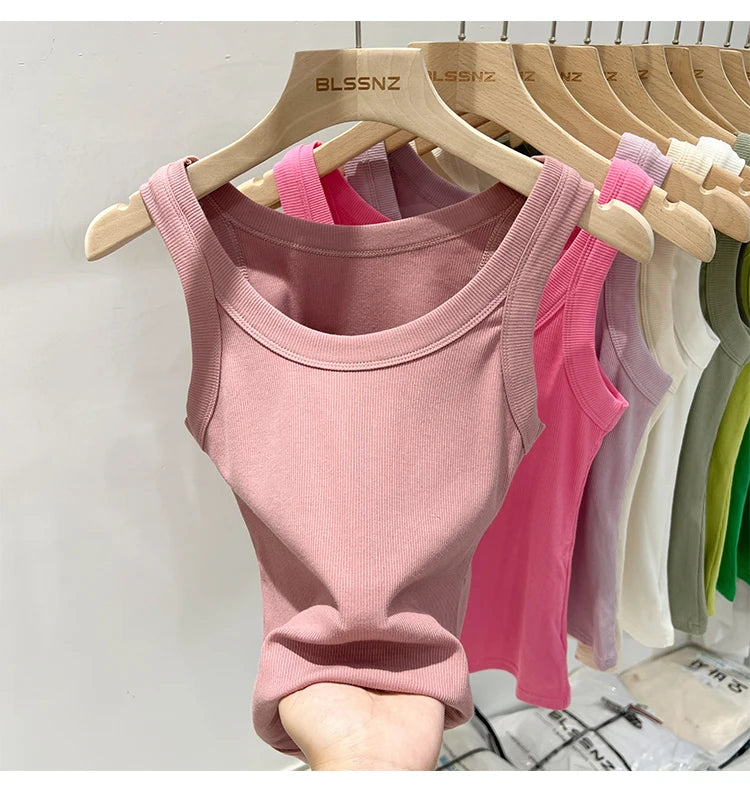 Women Solid Ribbed Tank Top Camisole – Elastic Cotton O-Neck Summer Basic Crop Top 2026