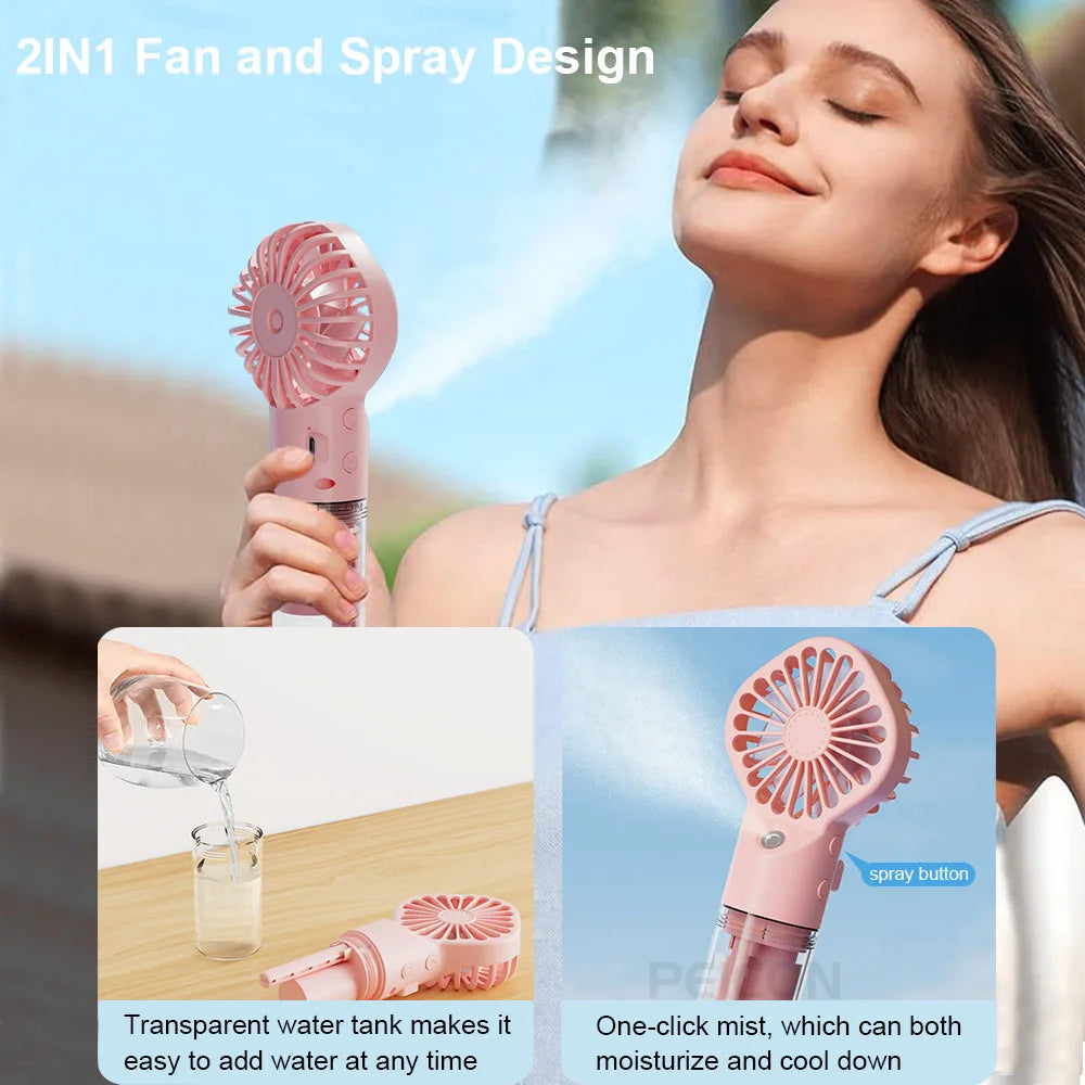 Portable Mini Handheld Mist Fan – USB Rechargeable 4-Speed Cooling & Humidifier Fan for Travel, Office & Outdoor Use